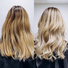 Před a po barvě vlasů žluté blond na krásné světlé blond — Stock obrázek