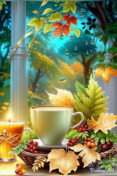 a painting of coffee and autumn leaves