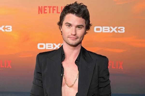 Chase Stokes attends the Netflix Premiere of Outer Banks Season 3 at Regency Village Theatre on February 16, 2023 in Los Angeles, California.