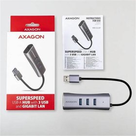 AXAGON USB 3.2 Gen 1 hub, porty 3x USB-A + Gigabit Ethernet, kovový, micro USB nap. konek - HMA-GL3AP