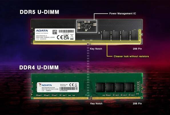 DDR5 vs. DDR4 ADATA - ukázka fyzických změn, PMIC, notch