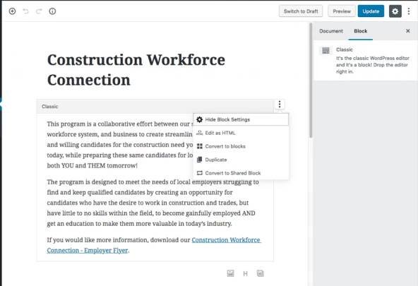 Content in Gutenberg / Classic Editor Block