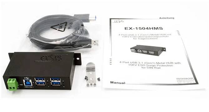 Spravovatelný USB hub 5Gbps USB3.0 B(F) -> 4x USB3.0 A(F), průmyslový, na DIN lištu (EX-1504HMS)