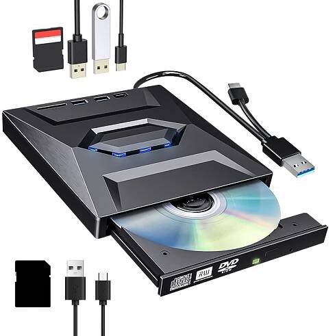 1pc usb 3 0   external cd dvd rw drive high speed burner player with   portable 6 in 1   drive with usb 3 0 type c sd card slots external dvd cd burner and player for   7 8 10     high speed multi device    