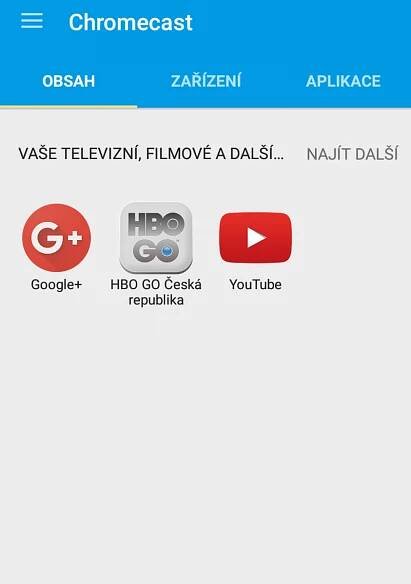 Na mobilu Energy Phone Max 4G jsem v aplikaci Chromecast na domovské obrazovce viděl Google+, HBO Go a Youtube.