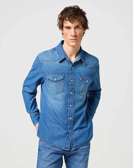 Pánská džínová košile WRANGLER W5MSLWH69 112341913 27MW Icon Mid Blue