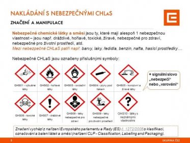 dráždivé, hořlavé, toxické, žíravé, nebezpečné pro zdraví, nebezpečné pro životní prostředí, atd. Mezi nebezpečné CHLaS patří např. barvy, laky, ředidla, benzin, nafta, hasící prostředky… Nebezpečné CHLaS jsou označeny příslušnými symboly: GHS10 - látky s neznámými vlastnostmi + signální slovo „nebezpečí nebo „varování Značení vychází z nařízení Evropského parlamentu a Rady (ES) č. 1272/2008 o klasifikaci, označování a balení látek a směsí (nařízení CLP - Classification, Labelling and Packaging).č. 1272/2008.