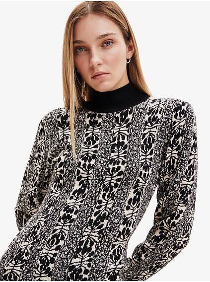 Desigual - Béžovo-černé dámské vzorované svetrové šaty Desigual Francesca - Lacroix | ZOOT.cz