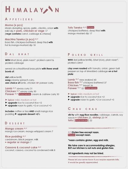 Himalayan - Nepali Cuisine -Menu