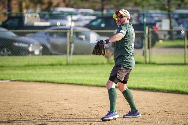 Ben Hoffman throws to first base during Bucky's Celebrity Softball Game on Tuesday, June 10, 2025, at the BSU softball field. (Micah Friez / Bemidji State)