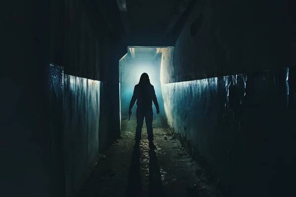 Silueta člověka maniaka nebo vrah nebo horor vraha s nožem v ruce v temné chodbě creepy a strašidelné. Trestní zloděje či násilníka koncept v atmosféře thriller — Stock obrázek