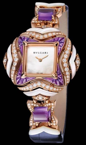 Geometrie's of Time timepieces- 4 unique versions in 18k white, rose gold with corals and amethysts, mother-of-pearl and diamonds, emeralds and turquoises, sapphires and rubellites.