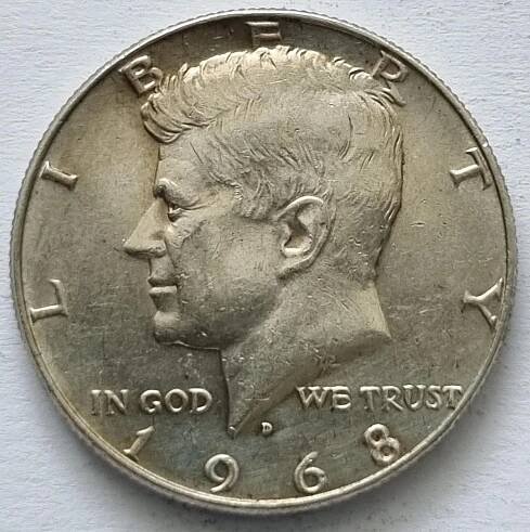 Stříbrny 1/2 dolar 1968 D, Kennedy Half Dollar.