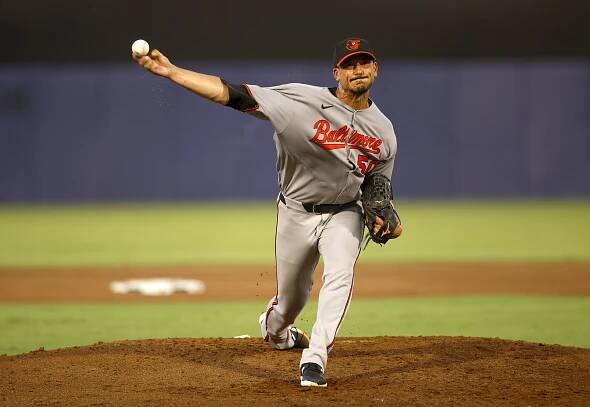 Baltimore Orioles pitcher throwing a baseball.