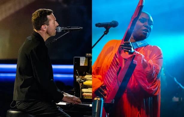two side by side photographs of Chris Martin and Laura Mvula performing live on stage