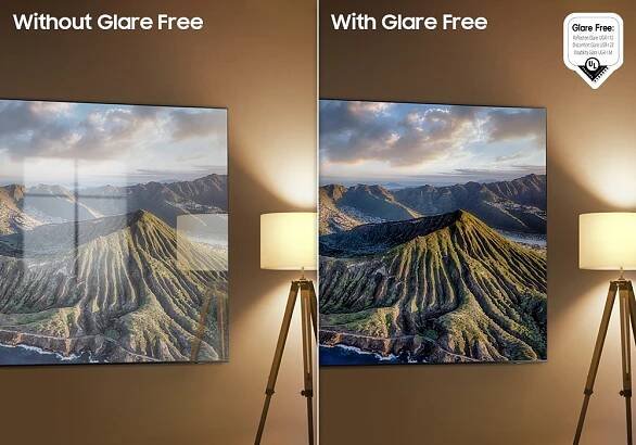 Porównanie telewizora Samsung bez powłoki Glare Free i z Glare Free – redukcja odbić światła dla lepszej widoczności obrazu