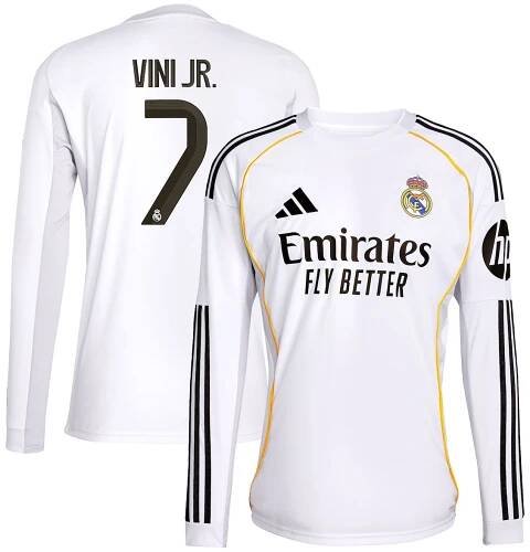 Real Madrid adidas Home Shirt 2025-26 - Long Sleeve with Vini Jr. 7 printing