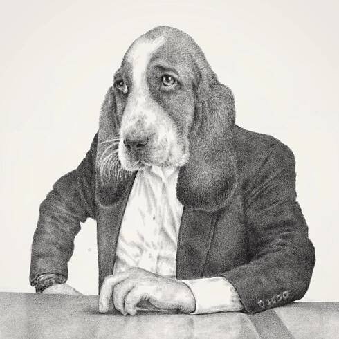 Head of basset on body of Anthony Hopkins