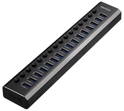 16 portový USB 3.0 hub s vlastním napájecím adaprérem, hliníkové chasi a ochrana proti přehřátí.