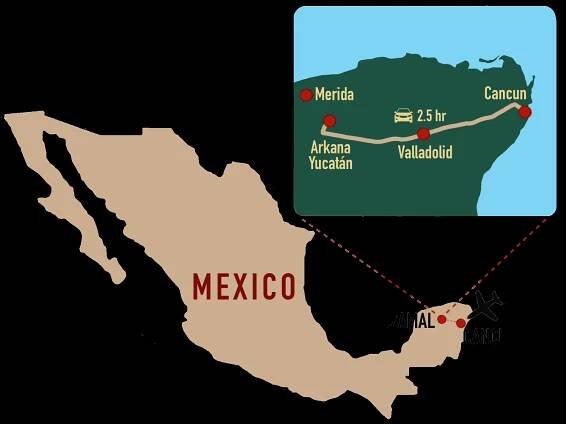 Illustrated map of Mexico highlighting flight path from Cancun to Merida, among other routes shown.