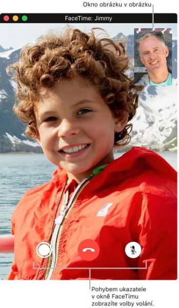 Pohybem ukazatele v okně FaceTimu zobrazíte volby hovoru, například Live Photo, Konec nebo Ztlumit.