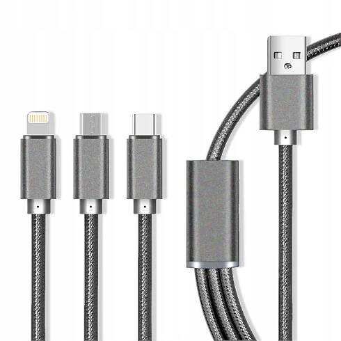 Kabel 3v1 2,1A 1m Micro USB + Typ C + iPhone Lightning Maxlife Fast grey