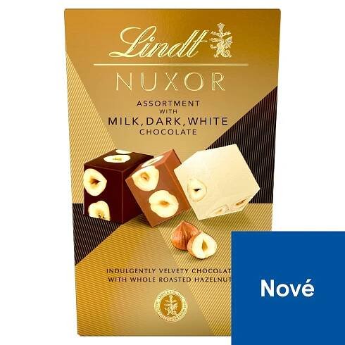 Lindt Nuxor Mléčná, hořká a bílá čokoláda s celými a mletými jádry lískových ořechů 150g