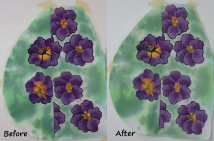 Purple dyed flowers over green before and after washing 50 times