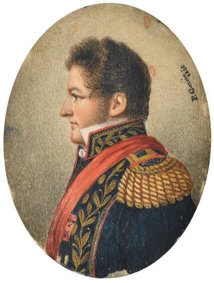 "Half length painted portrait of a man with curly auburn hair and sideburns facing left and wearing an elaborate military tunic embroidered in gold with heavy epaulettes, high embroidered collar and a red sash."