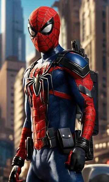 Spiderman as a police officer, 2D render, full-body view, cityside background
