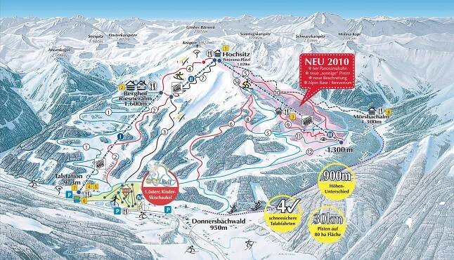 Lyžařská mapa sjezdovek areálu Donnersbachwald / Riesneralm