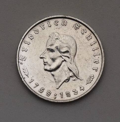 Stříbrná 5 Marka 1934 F - Friedrich Schiller - Super Stav! - R!