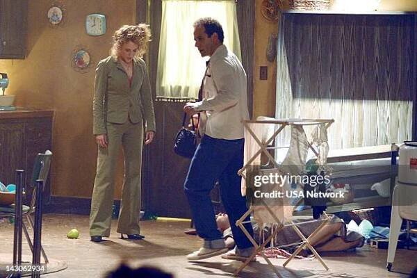 Mr. Monk Goes to the Theater" Episode 6-- Pictured: Bitty Schram as Sharona Fleming, Tony Shalhoub as Adrian Monk--