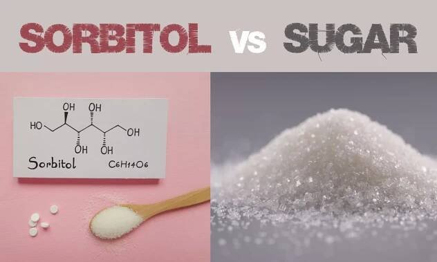 A pink surface showing a spoonful of sorbitol and its molecular formula. Macro shot of a heap of sugar.