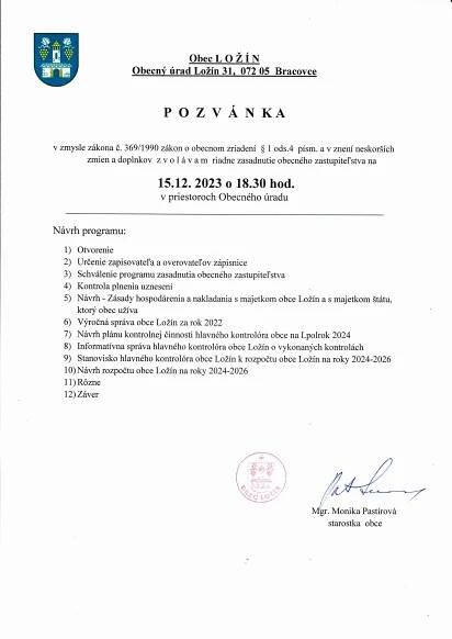Pozvánky na zasadnutia OZ - Dokumenty obce Ložín