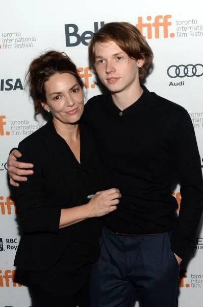 Actress Joanne Whalley and actor Jack Kilmer posing for a photo at the 'Palo Alto' premiere, 2013 Toronto International Film Festival.