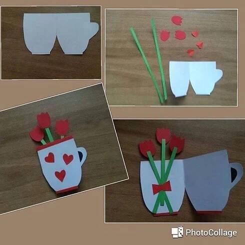 four pictures of coffee cups with flowers and hearts in the mug, one is made out of paper