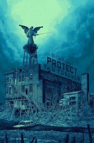 Daniel Danger's 'We are no longer able to protect you,' depicting a ruined factory with a coming-apart sign reading 'We can no longer protect you forever,' and a statue of a sword-bearing angel.
