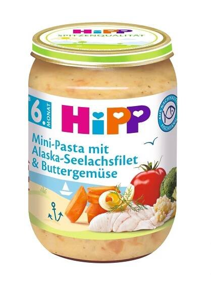 HiPP Mini těstoviny s aljašskou treskou v máslové zelenině 190 g, 6m+