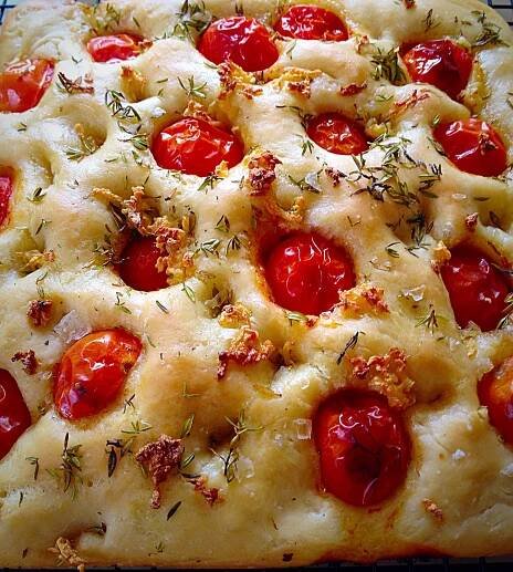 Tomato Thyme Garlic Focaccia Bread - Feasting Is Fun