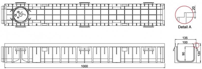 Venkovní odtokový žlab D 110 s pozinkovanou mřížkou, dl.1,0m, A15 pojezdový, odvodnění občanských staveb, dopravních ploch