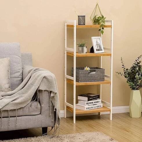 SONGMICS Bambusový regál 4 police přírodní – bílý 45x110 cm