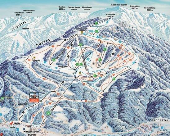 Hinterstoder - Höss - lyžařská mapa, skimapa sjezdovek a lanovek, zimní panorama ski areálu