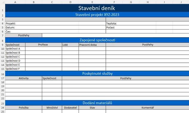 Bezplatná šablona stavebního deníku pro Excel - PlanRadar - CZ