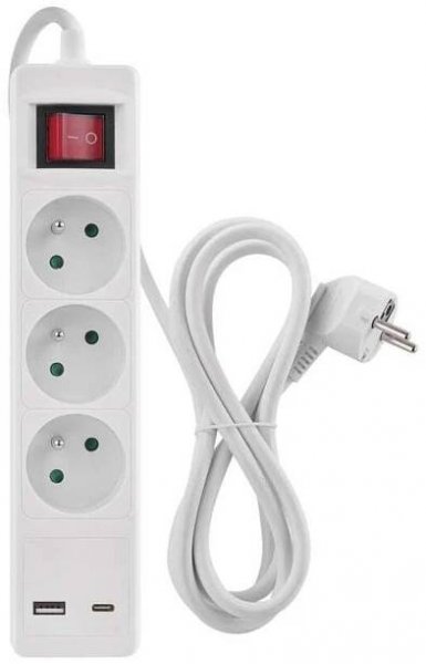 Kabel prodlužovací EMOS 3x zásuvka, 1×USB-A + 1×USB-C vypínač, 2m...