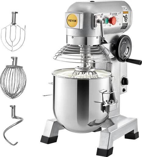 VEVOR Hnětač Kuchyňský robot, objem mísy 15 l Hnětač, 3 rychlosti šlehání, hnětací hák, ocelové lano, nerezová mísa Hnětač těsta 500 W, stříbrný Kuchyňský robot Funkce časovače