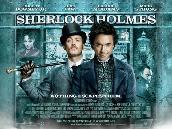 Robert Downey Jr. and Jude Law, in-character. The background is a window display, featuring shelves containing miscellaneous objects relating to the story. The poster reads "Sherlock Holmes" across the top, with the tagline "Holmes for the holiday" centered at the bottom. The poster is predominately turquoise coloured.