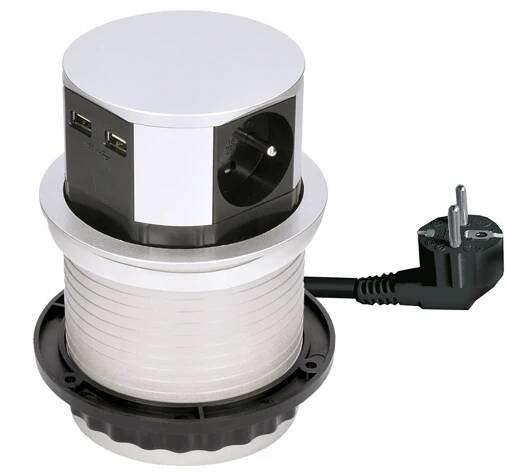 Výsuvný zásuvkový blok, 3x 230V, 2x nabíjecí USB, barva stříbrná, kabel 1.5m