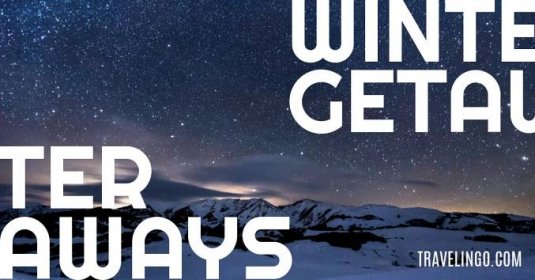 Adventure flyer template reads "Winter getaways" twice on left and right sides of the flyer with galactic sky and photograph of snowy mountains
