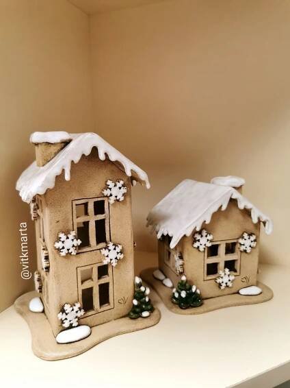 two gingerbread houses with snow on the roof